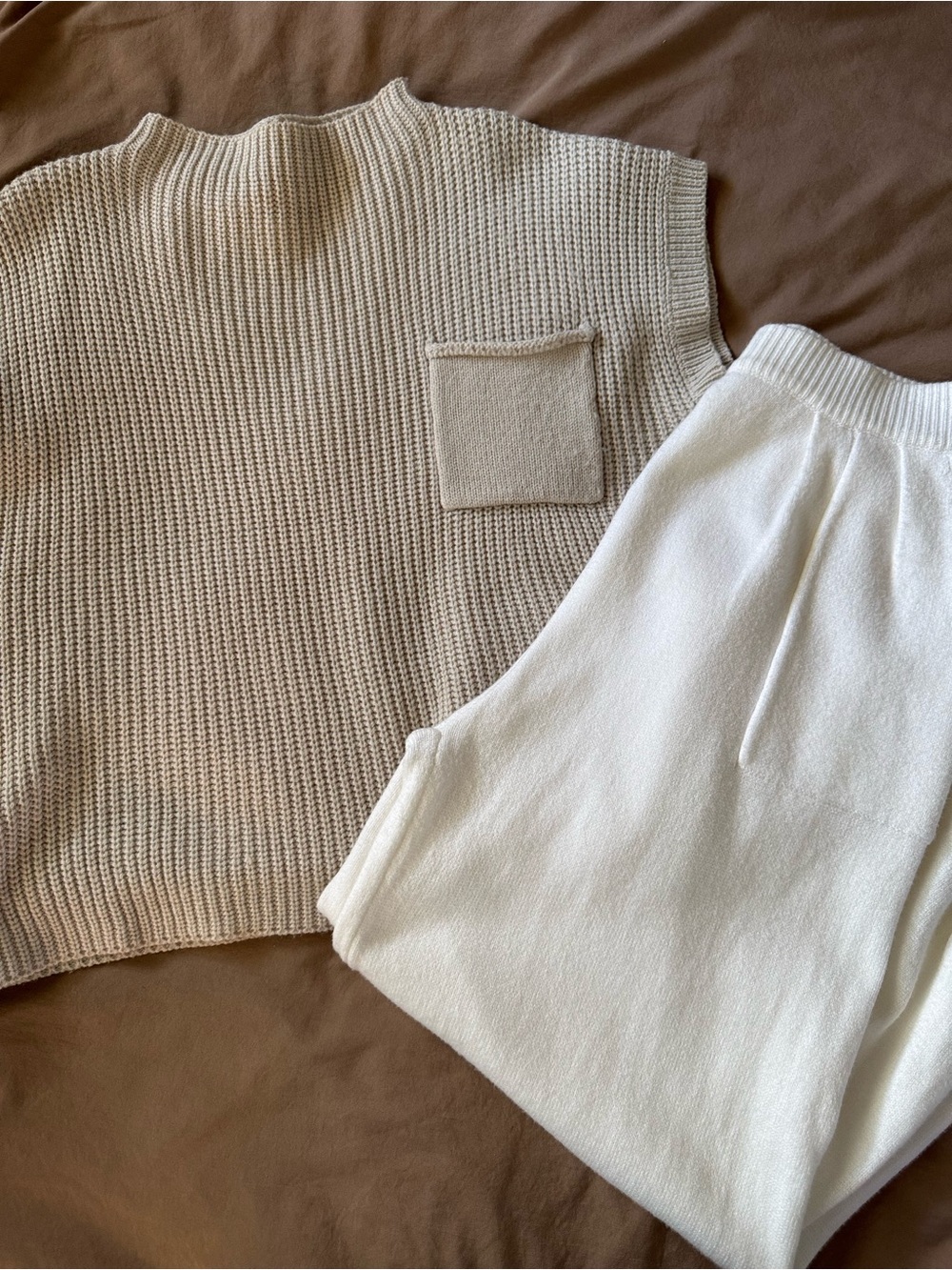 Amazon Beige Knit Crewneck Sweater set with Front Pocket